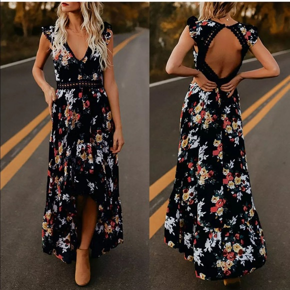 Dresses & Skirts - Floral Boho Summer Maxi Dress Backless Lace V Neck
